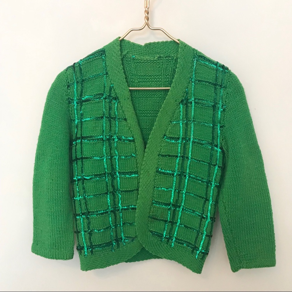 Vtg Green Sequined Cardigan XS